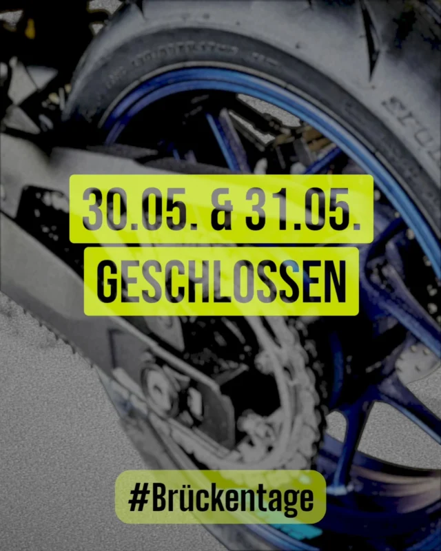 ❗️GESCHLOSSEN am 30.05. & 31.05.

Nach Christi Himmelfahrt bleibt unser Laden und die Werkstatt für den Rest der Woche geschlossen.
Wir wünschen euch einen entspannten Feiertag und eine gute Zeit!

Ab Montag den 02.06. sind wir wieder wie gewohnt für euch da. 🤝🏻

#vatertag #brückentag #feiertagsmodus #yamaha #zweirad24 #gutefahrt #baddriburg #drivesafe #ebikelife #motorbike